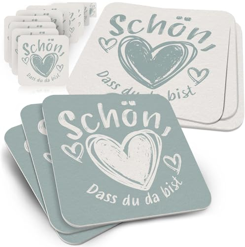 Funke & Brand Bierdeckel Schön DASS du da bist Funkegrün 50er Set - Ausgefallener Bierdeckel aus Holzschliffpappe - Coaster Getränkeuntersetzer Tischuntersetzer, Untersetzer für Gläser