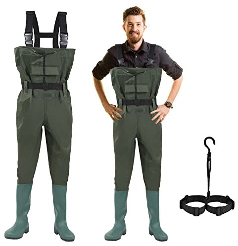Gimisgu Wathose 70 Denier Nylon, PVC Angelhose, wasserdichte Fischteichhose mit Gummistiefeln, Bund, Taschen, und EIN kostenloser Haken, geeignet für Angeln, Jagd, Autowäsche, Bauernhof(EU 43)