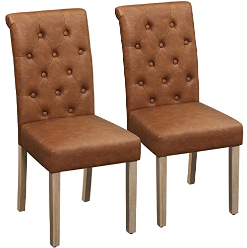 Yaheetech Juego de 2 Sillas de Comedor Silla Acolchada con Respaldo Alto Patas de Madera Silla Tela para Comedor Cocina Color Marrón