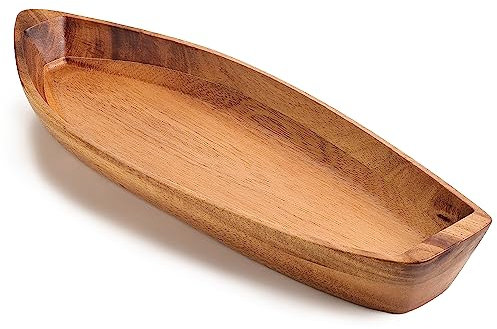 CAMLOT Vassoio da portata a forma di barca fortunata, in legno massello di acacia, per servire dessert, frutta, snack e frutti di mare o ornamento per la casa, vassoio per chiavi, ciotola decorativa
