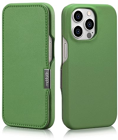 Mobiskin Hülle für iPhone 15 PRO (6,1 Zoll), Handyhülle mit Leder, Case kompatibel mit MagSafe, Schutzhülle, Handy-Tasche, Slim Cover, dünn, Grün
