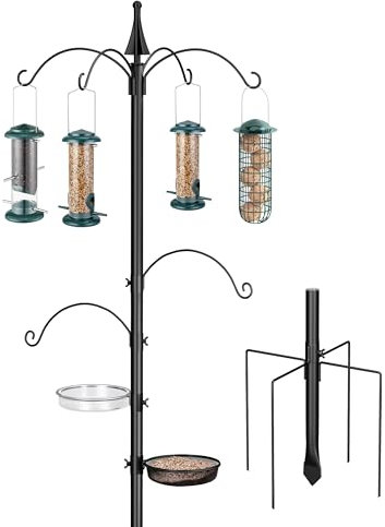 iBorn Bird Feeding Station Kit 1 Inch Pole Bird Feeders Hanging Station With 8 Inch Mix Seed Feeder x4, 87Inch Tall Pole+ 2Removable Tray, 6-Hooks, 5-Prong Stabilizer