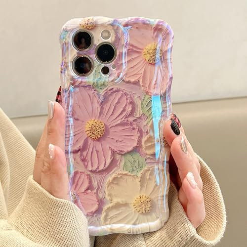 UEEBAI Case for iPhone 14 Pro Max, Cute Retro Oil Painting Flower Pattern, Curly Wave Grip, Soft TPU, Lens Drop Protection, Stylish Glossy Pretty Case for Girl Women - Purple Yellow