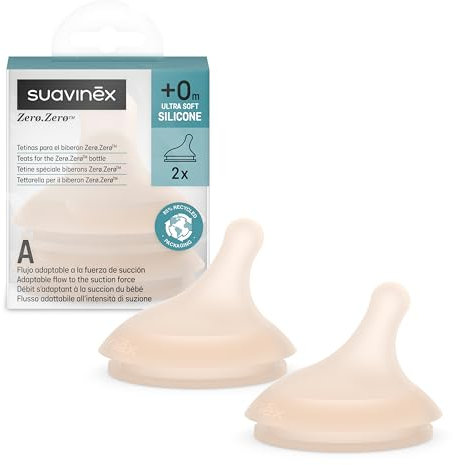 Suavinex, 2 Babyflaschensauger für Zero Zero Anti-Colic Babyflasche, Ersatz Sauger mit Spezial-Stillfluss (A), Anpassbarer Nahrungsfluss, Speziell für gestillte Babys, Silikon, Babys +0M, 2U, Light