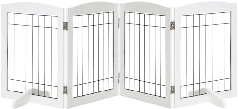 LZRS Freistehendes Hundegitter aus Holz, 4 Paneele, extra breit, 76,2 cm hoch, faltbar, Haustier-Barriere mit Stützfüßen, solides Hartholz und Stahldraht, kaufestes Sicherheitsgitter für Türen, Flure