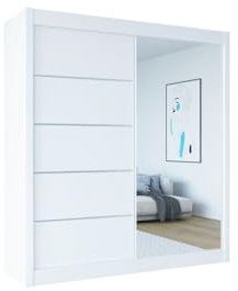 Easy4You B1 180 cm Weiß Schiebetüren Kleiderschrank 180x215x58 cm mit Spiegel - Schlafzimmermöbel, Aufbewahrung - Mehrzweckschrank