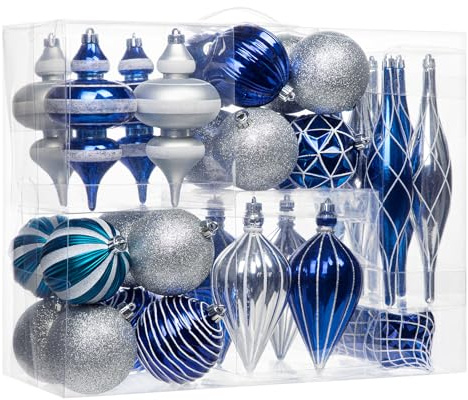 Hollyone 32PCS Weihnachtskugel Set, Bruchsicher Weihnachtsornamente Kunststoff, Verschieden Christbaumkugeln Hängeornamente für Weihnachtsbaum Feiertage Partys Wohnraumdekoration, Blau & Silber