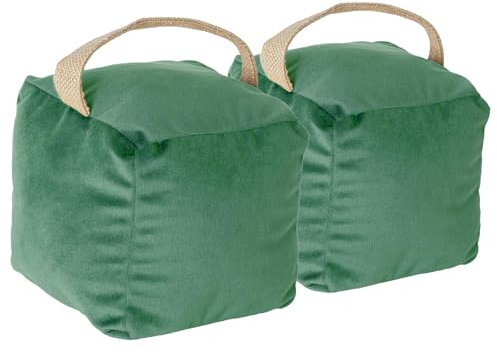 Nicola Spring Cube Door Stop - Green - 14cm - Pack of 2 - Velvet Indoor Doorstop Home Interior Decorative Floor Mounted Door Stop Weighted Fabric Doorstoppers with Handle for Home, Office