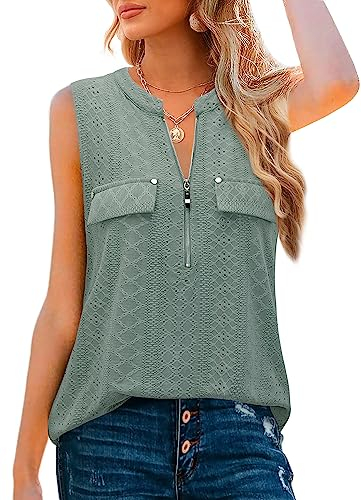 Amrto Damen Tops, Casual V-Ausschnitt Ärmellose Bluse Oberteil mit Reißverschluss, Loose Einfarbige Tank Tops Tunika Longbluse, Grün L