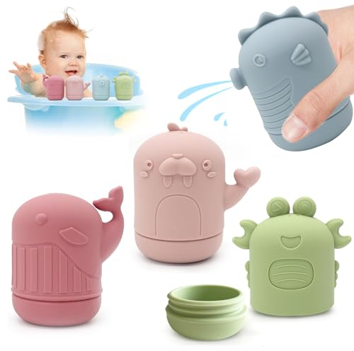 LYNSAN 4 Stück Badewannenspielzeug, Badespielzeug Baby Silikon, Badewanne Spielzeug Spritztiere Kinder, Wasserspielzeug Badewanne Pool Geschenke für Babys Kleinkinder Jungen Mädchen ab 6 Monate 1 Jahr
