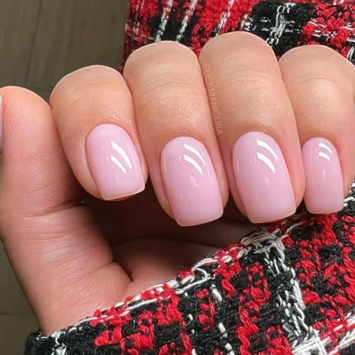 JUSTOTRY 24 Pcs Peach Pink False Nails Short Square Pattern,Solid Press on Nails Short,Glossy Fake Nail,Pretty Squoval French Stick on Nail for Women and Teens Gifts