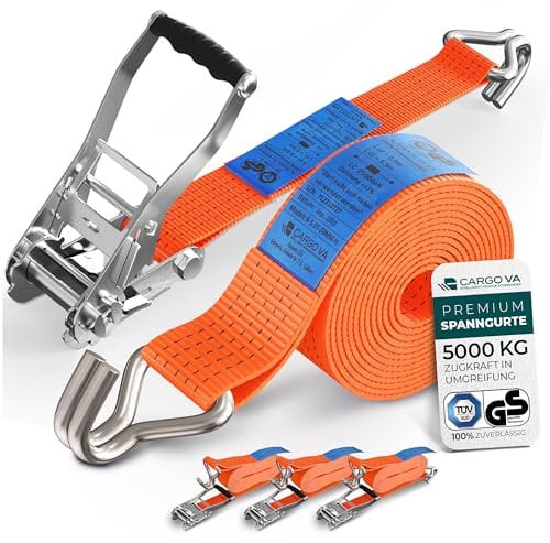 Carico pesante, 5000 kg, cinghie a cricchetto, 10 m, certificate TÜV/GS e DIN, cinghie con cricchetto e ganci, istruzioni QR Label (lingua italiana non garantita), sicure e robuste