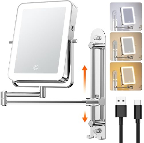Gospire Height Adjustable Wall Mounted Lighted Makeup Mirror with Hooks | 3000mAh Rechargeable, 1X/10X Magnification, 3 Light Colors, Extended Arm 360° Swivel Foldable for Bathroom/Hotel