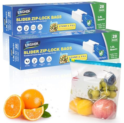 ENGHEK 56PC Large Zip Lock Bags, Reusable Freezer Bag over Quart/1L, Clear Food Storage Slider Sandwich Bags with Expandable Bottom, BPA-Free Food Bags Zip Seal for Fruits, Vegetables, Meat, Grains