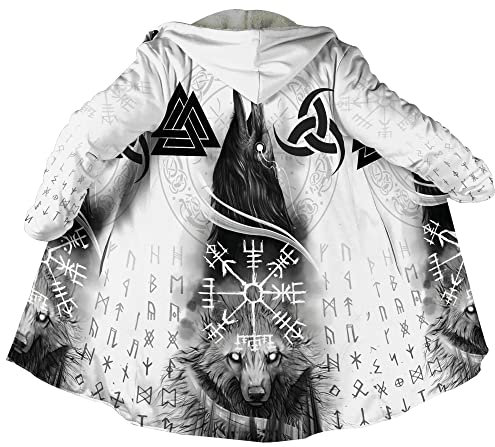 Viking 3D Druck Rabe Winterjacke Herren, Nordisch Helm der Ehrfurcht Tattoo, Warm Verdickt Kapuzenumhang, Mode Lässige Sherpa Futter Parka, Mittelalter Hornschnalle Kaschmir Mantel(Raven Wolf,L)