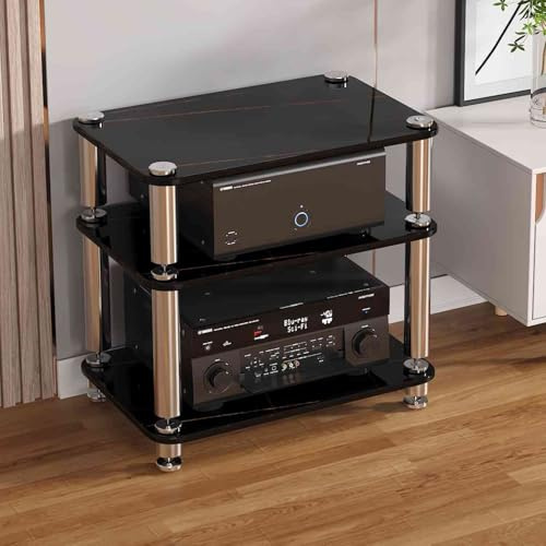 Black Audio Rack Stereo Cabinet with Adjustable Shelves Tempered Glass Doors Cable Management Tier 3 Stand for TV Players and Media Aessories