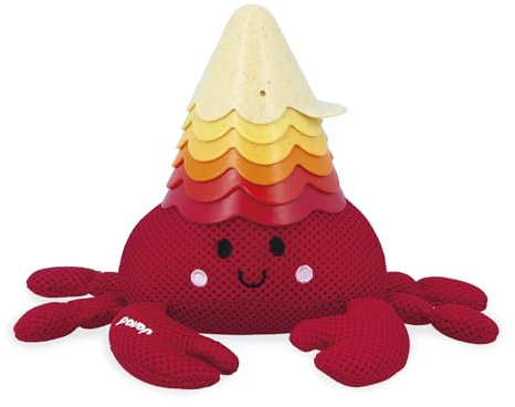 Janod - Hermit crab Bathtime Toy with Wheat Straw Cups - 6 Cups - Baby Water Fun - From 10 Months - J04734, Red