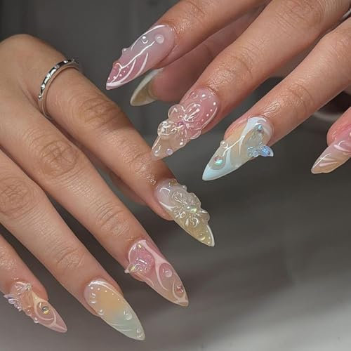 TELAIN 3D Flower Press-On Nails, Medium Almond False Nails with Ombre Design, 3D Butterflies and Pearls, Full Coverage Glossy Acrylic Nails, Stiletto Stick-On for Women Manicure, 24 Pieces
