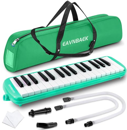 Eavnbaek 32 Keys Melodica Instrument, Soprano Melodica Air Piano Keyboard Pianica with 2 Soft Long Tubes, 2 Short Mouthpieces and Carrying Bag (Green)