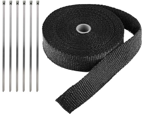 LKRXW Cinta Anticalorica Para Escapes Cinta Aislante Térmica Coche | Fibra de Vidrio Banda Aislante Anti Calor Protección Tubo Colector Escape Negro 2,5CM X 10M con 6 Bridas