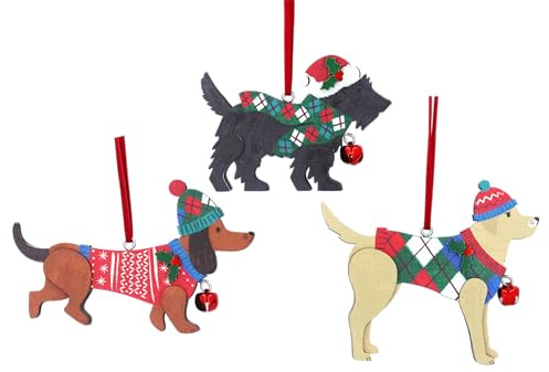 Gisela Graham Dog Christmas Tree Hanging Decorations, Set of 3, Bright Colours
