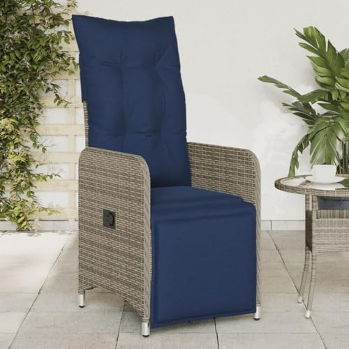 QJBSAVVA 2er Set Liegestuhl Gartenstuhl grau Poly Rattan verstellbar Strandstuhl Outdoor mit marineblauen Kissen 110 kg belastbar für Balkon Terrasse Camping