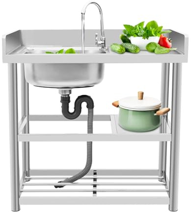 ROGONPDK Rechteckig Freistehende Spülbecken mit Wasserhahn, Edelstahlspüle, Küchenspüle, Freistehendes Einzelbecken, Spülbecken Waschtisch Spüle mit Ablaufgarnitur (Spülbeckenposition: Links)