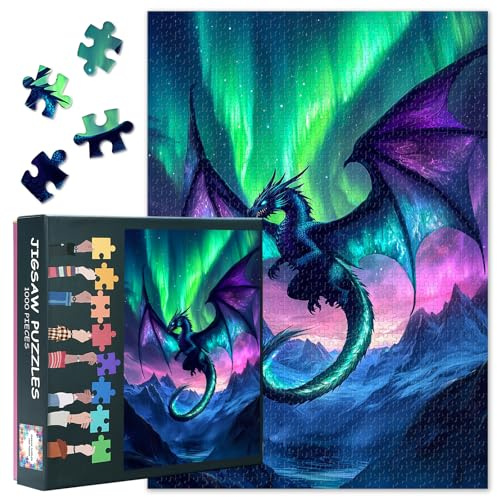 Puzzle 1000 Teile Erwachsene Drache unter dem Nordlicht Puzzle Für Erwachsene Drache Puzzles Perfekt Für Spieleabende Lernspielzeug Heimdekorationen, 50x70cm