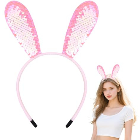 Serre-tête avec oreilles de lapin à paillettes roses pour femmes et filles, bandeaux pour fête costumée, fête, bal, séance photo, serre-tête avec oreilles de lapin pour filles et femmes
