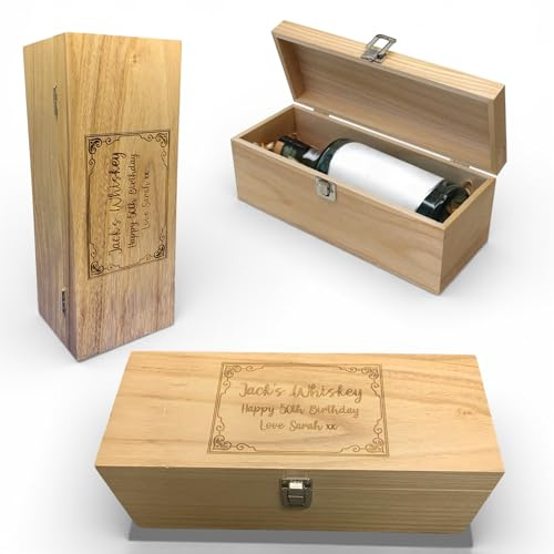 Rutherfords Gifts Personalised Wooden Whisky Bottle Gift Box – Engraved Gin Presentation Box – Custom Bottle Storage Case – 30cm Bottle Holder – Birthday & Wedding Gift