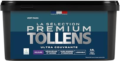 Tollens - Peinture Couleur - Murs, Boiseries & Radiateurs - La Sélection Premium - Pièces sèches et humides - Ultra couvrante - Ultra résistante - Ecolabel - Velours - VERT PAON - 2L5 = 30m²