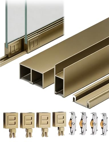 Kit de rails de porte coulissante en verre avec roulettes, rails coulissants for vitrines et placards, rouleau de panneau en verre for armoires à vin et fenêtres(Brown,210 CM/82.7 IN_8 MM)