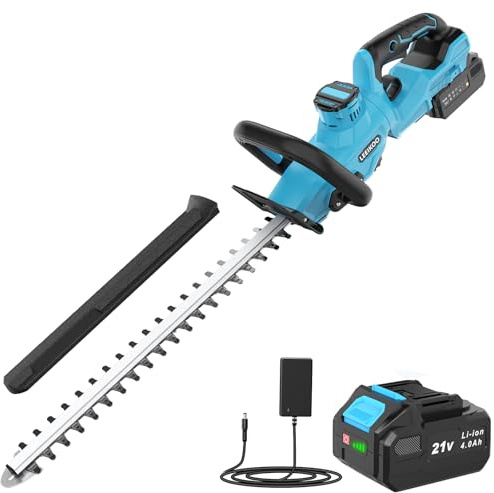LEEIKOO Akku-Heckenschere 21V mit 4,0-Ah-Akku, 51 cm Doppelmesser, 16 mm Messeröffnung, 180° drehbarer Griff, elektrische Heckenschere mit Messerschutz für Hecken und Sträucher