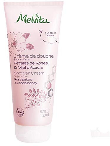 Melvita, Gel douche biologique doux et hydratant, parfum pétales de rose et miel d'acacia, texture onctueuse, convient à tous types de peau, engagement écologique, 200 ml