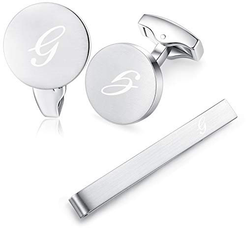HONEY BEAR Manschettenknöpfe Krawattennadel Set Initialen Buchstabe Herren Edelstahl Hochzeit Cufflinks Manschettenknopf Silber (G Set)