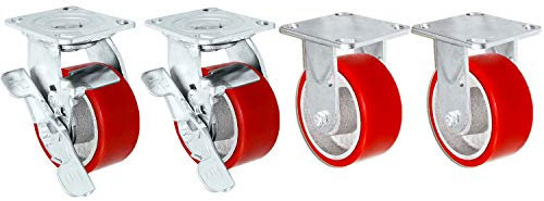 4 X 2 Swivel Caster Heavy Duty Red Polyurethane Wheel on Steel Hub with Brakes (2) and Fixed (2) 2,800lbs Per Set of 4 Tool Box Casters - CasterHQ Brand (4)