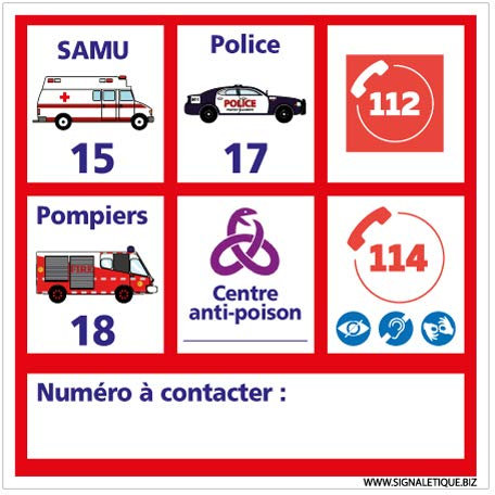 Panneau Les Numéros d'Urgence à Personnaliser- Plastique rigide PVC 1,5 mm - Dimensions 250 x 250 mm - Protection Anti-UV