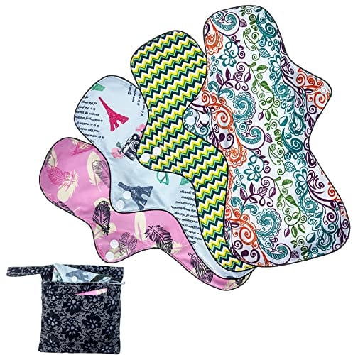 ZCOINS Assorbenti igienici riutilizzabili, flusso pesante, 4 pezzi, 34 cm, lavabili Long Night, con 1 sacchetto umido