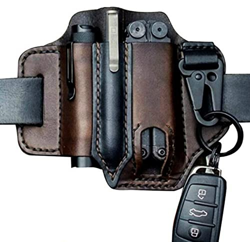 Frieyss Multitool Sheath for Belt, Leather EDC Pocket Organizer for Men, Leatherman Sheath with Pen Holder, Key Fob, Flashlight Sheath, EDC Leather Pouch Brown