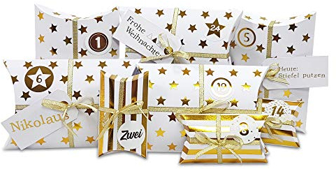 Frau WunderVoll® DIY Adventskalender zum Befüllen HoHoHo Metallic, matt weiß, Gold/Weihnachtskalender Bastelset Weihnachten,Schachteln,Kissenschachteln, Pillowbox, Kinder, Zahlen, Geschenkbeutel