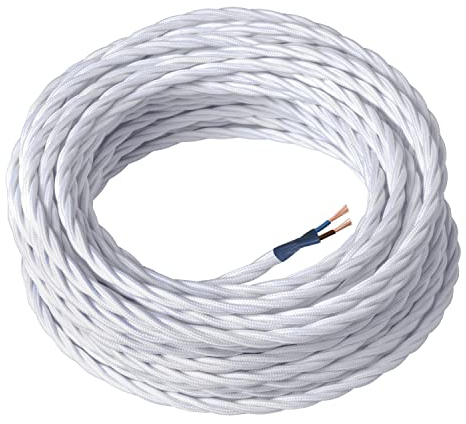 Amarcords - Cavo elettrico tessile colore BIANCO trecciato seta 10 metri a 2 conduttori 2x075 - Filo rivestito in tessuto colorato vintage per lampade lampadari applique e abat jour.