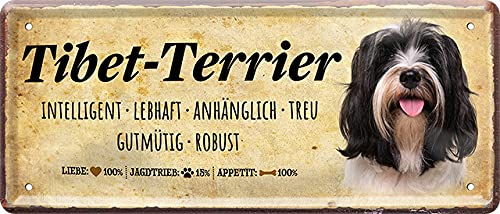 WOGEKA ART Retro Blechschild - Tibet-Terrier - Hunde-Rassen Steckbrief - witziger Spruch als Geschenk-Idee zum Geburtstag Weihnachten Dekoration 28x12 cm Vintage-Design Metall 1489