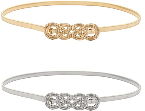 Niuhong 2 Pcs Damen Dünner Gürtel Metall Kettengürtel Kleid Taillen Schmaler Elastische Taillengürtel Dünne Metallschnalle Gürtel Verstellbarer Elastischer Hüftgurt Frauen Gold Silber (B)