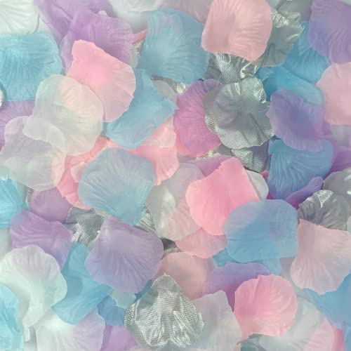 Pétalos de flores de seda, mezcla de colores de pétalos de rosa artificiales, confeti de boda, decoración de fiesta, dispersión, floral, 1200 piezas (azul, rosa claro, lila, blanco, plateado)