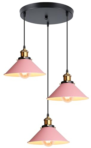 iDEGU Rétro 3 Lumières Suspension Luminaire, Vintage Lustre Industriel Métal E27 Plafonnier Abat-jour de Design Edison Lampe Suspension Câble Réglable, Ø22CM, Rose