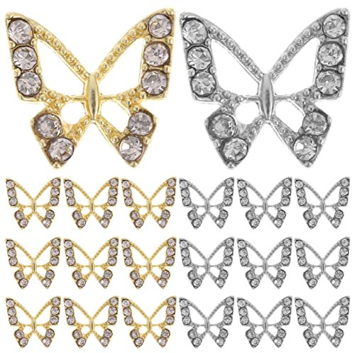 KALLORY 3D Butterfly Nail Charms 30pcs Rhinestone Metal Butterfly Nail Gems Shiny Crystal Nail Jewels Studs for DIY Crafts Nail Art Decoration