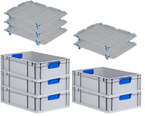 PROREGAL SuperSparSet 5x Eurobox NextGen Color mit Auflagedeckel & Schiebeschnappverschlüsse, HxBxT 17x40x60cm, 34L, Griffe blau geschlossen, Glatter Boden, Eurobehälter Transportbox Transportbehälter