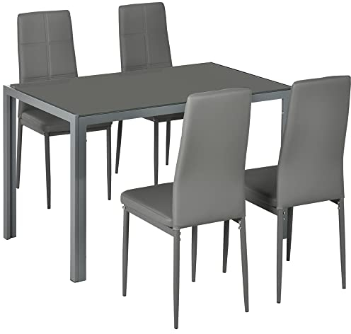 HOMCOM Set da Pranzo 5 Pezzi con 1 Tavolo da Pranzo e 4 Sedie Moderne per Cucina o Sala da Pranzo in Finta Pelle, Metallo e Vetro Temperato, Grigio