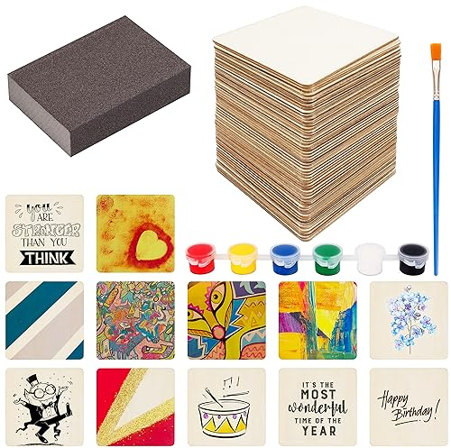 Belle Vous 50 Pack of Unfinished Blank Wood Squares with Sanding Block, Paint & Brush - 10 x 10cm/4 x 4 Inches - 2.5mm Thick Plain Pieces for DIY Coasters, Crafts, Painting and Pyrography Burning