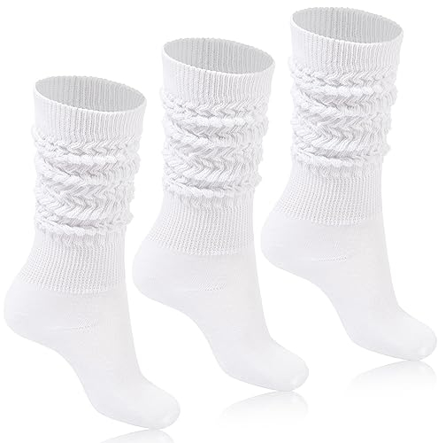 Moon Wood Slouch Socken Damen 3 Paare Kniestrümpfe Extra lange Baumwolle stricken Knie hoch dick Scrunch Socken Schuhgröße 39-44 Weiß